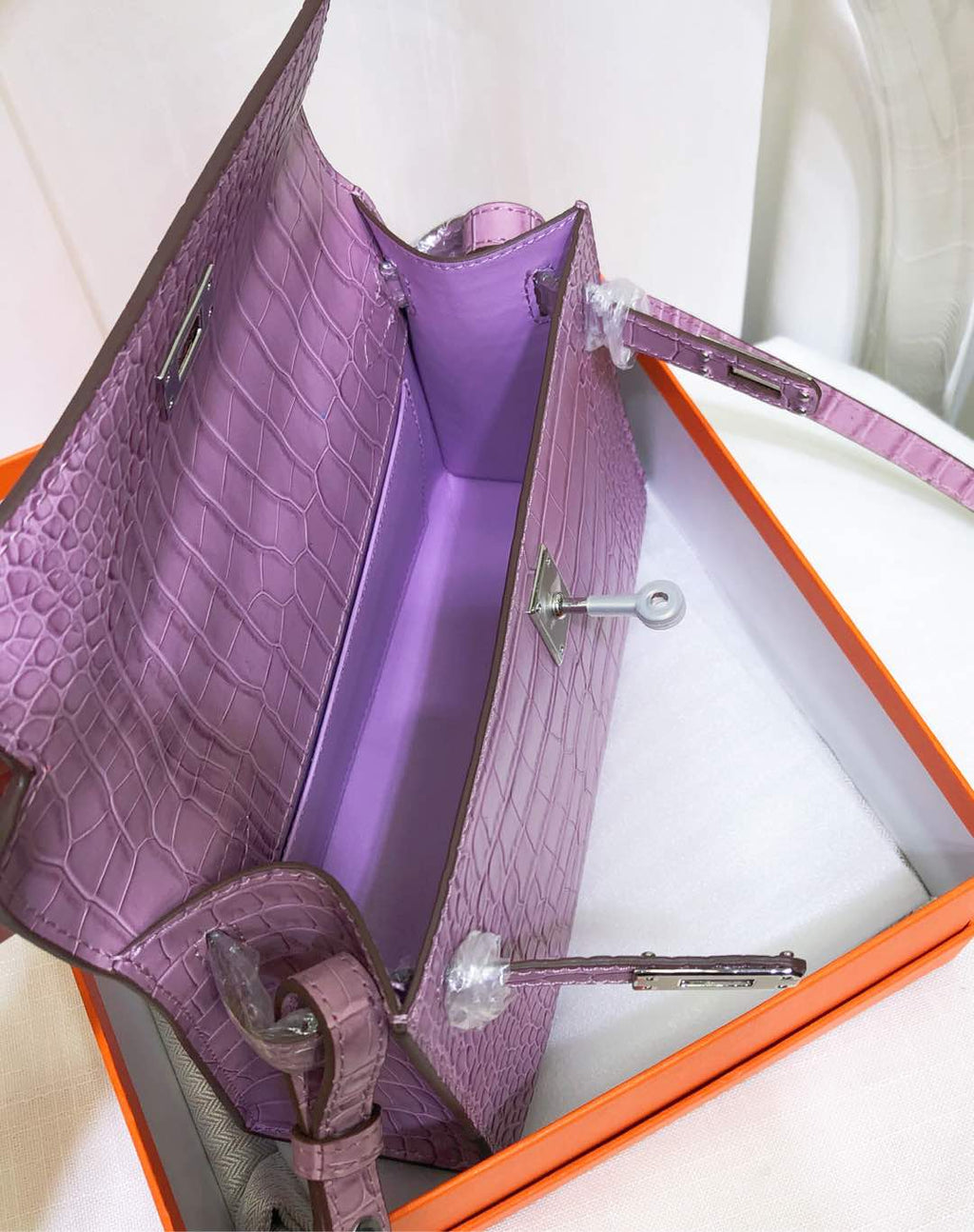 Kelly Pochette Lilac Shiny Niloticus Crocodile Leather Palladium Hardware Women Clutch Bag