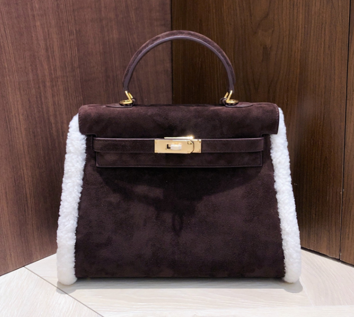 Kelly Sellier 28cm Ebene Suede Leather Gold Hardware Commute Shoulder Handbag