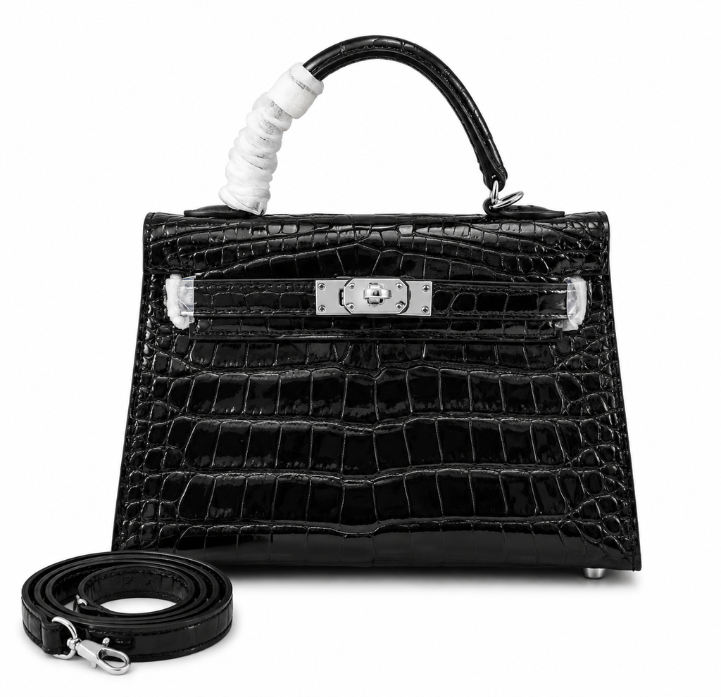Kelly Sellier 19cm Noir Shiny Crocodile Leather Gold Hardware & Palladium Hardware Women Handbag