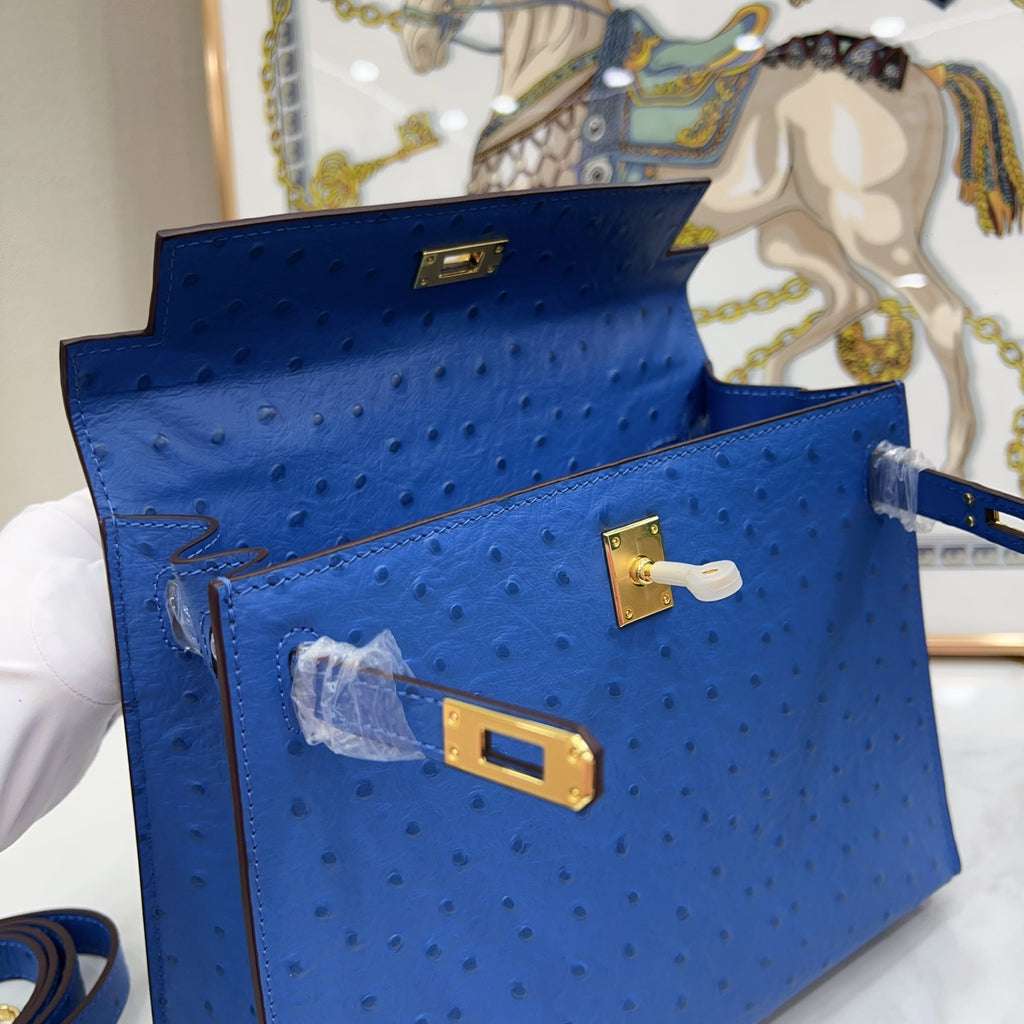 Kelly Sellier 25cm Bleu Electrique Ostrich Gold Hardware Premium Crossbody Purse