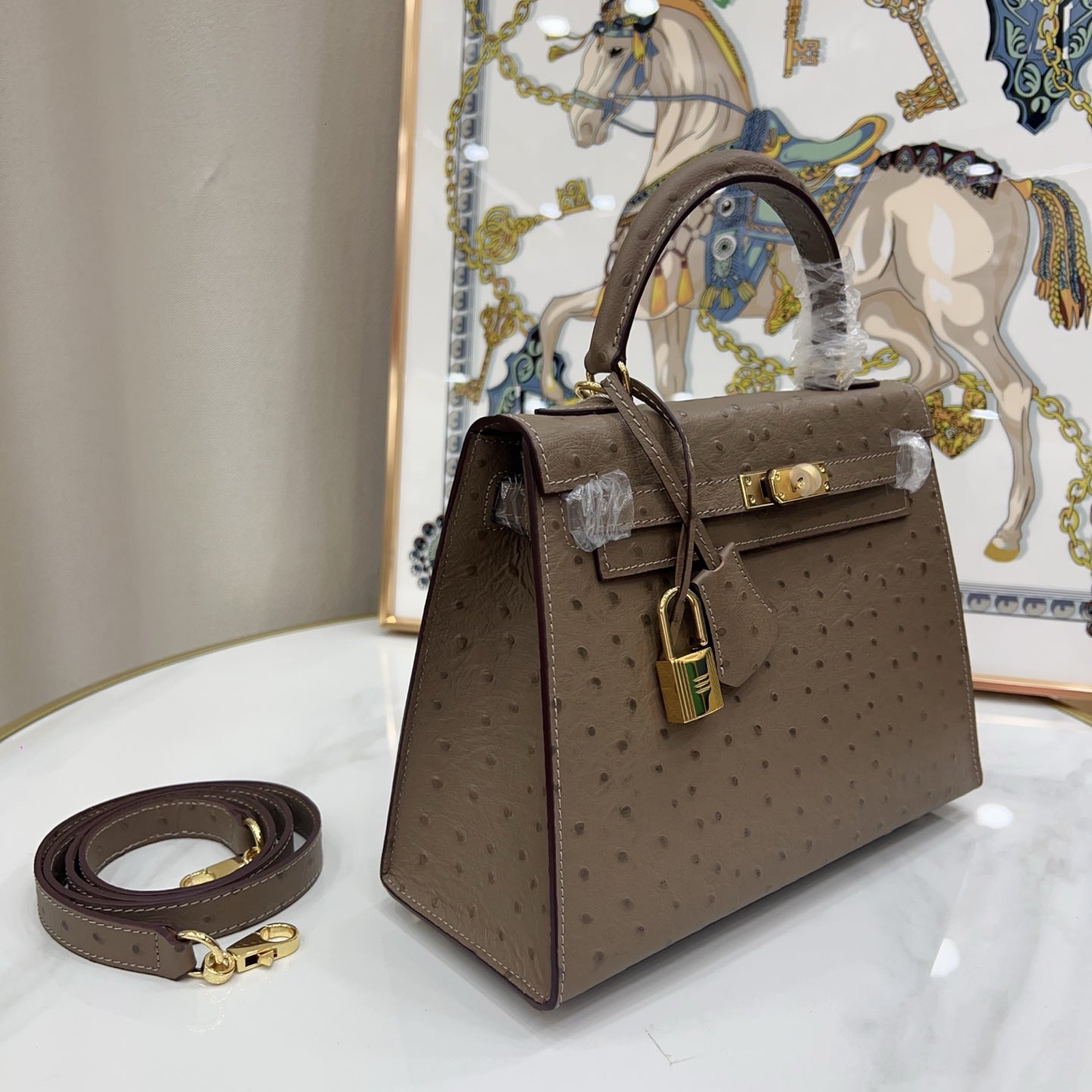 Hermès Kelly Sellier 25 Ostrich Etoupe Gold Hardware