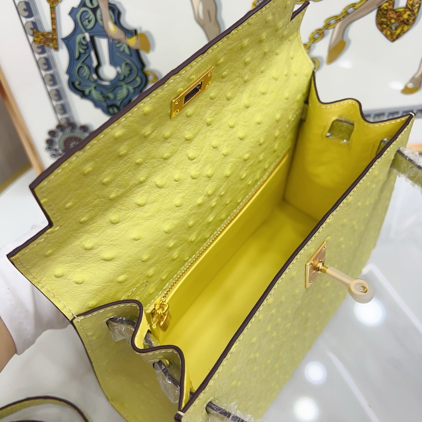 Kelly Sellier 25cm Jaune Poussin Ostrich Gold Hardware Designer Women Shoulder Handbag