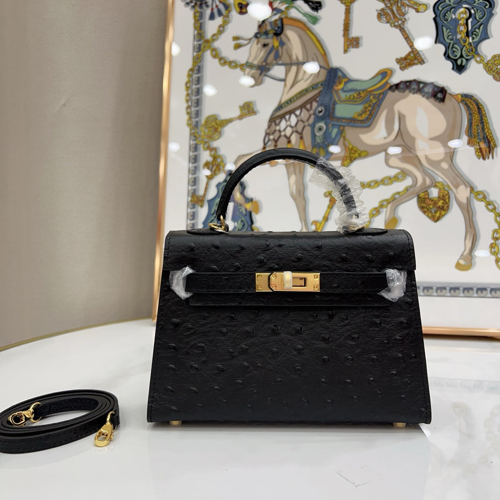 Mini Kelly Sellier 19cm Noir Ostrich Leather Gold Hardware Women Mini Handbag