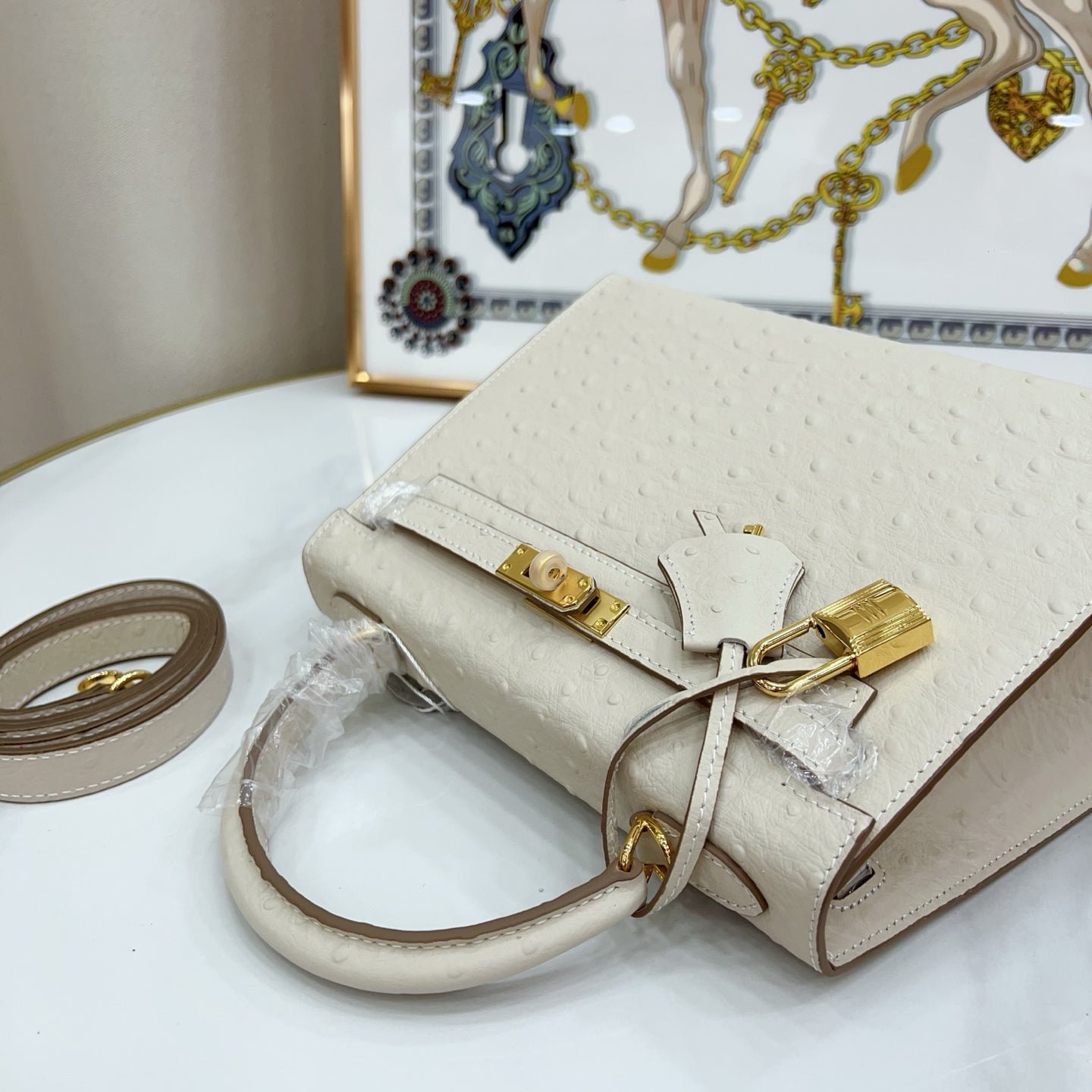 Kelly Sellier 25cm Craie Ostrich Gold Hardware Premium Women Shoulder Purse