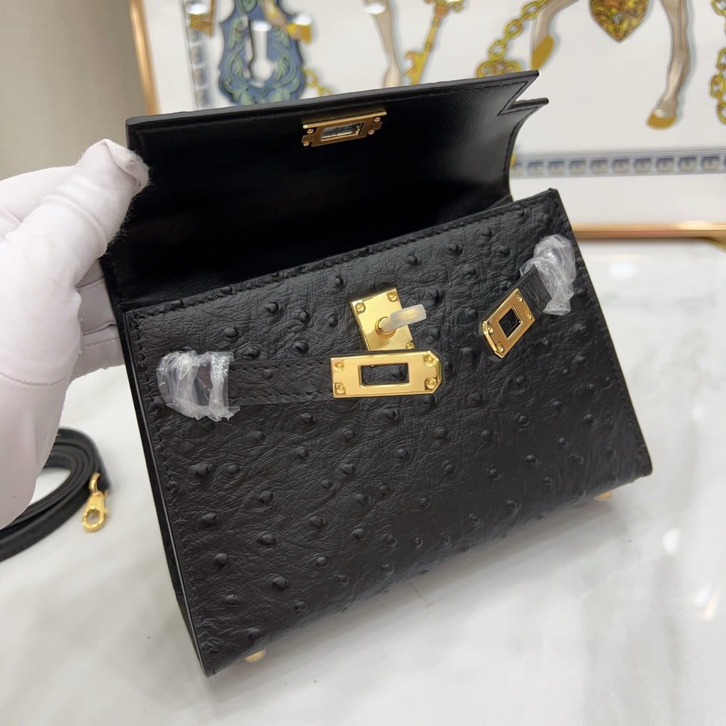 Mini Kelly Sellier 19cm Noir Ostrich Leather Gold Hardware Women Mini Handbag