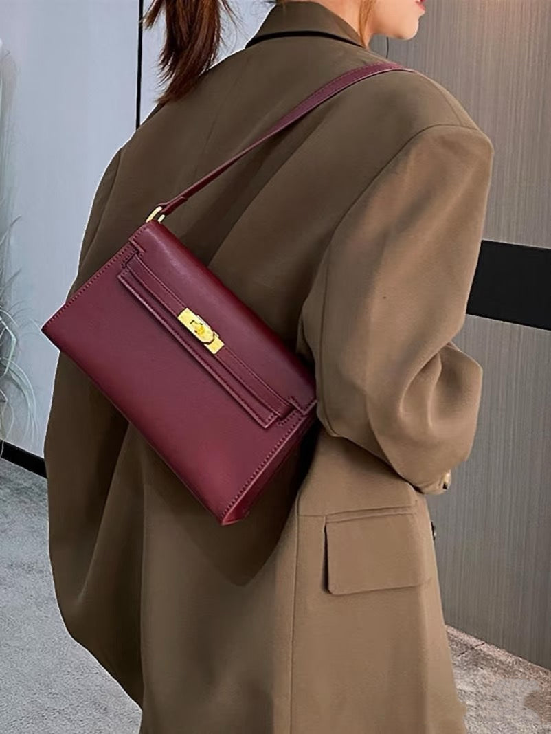 Kelly Elan 25 Underarm Baguette Bag, Genuine Top Layer Cowhide Goat Grain Leather, Gold Hardware Vintage Wine Red Shoulder Handbag, Elegant Luxury Quiet Glam Daily Purse Size 25×6.5×15cm