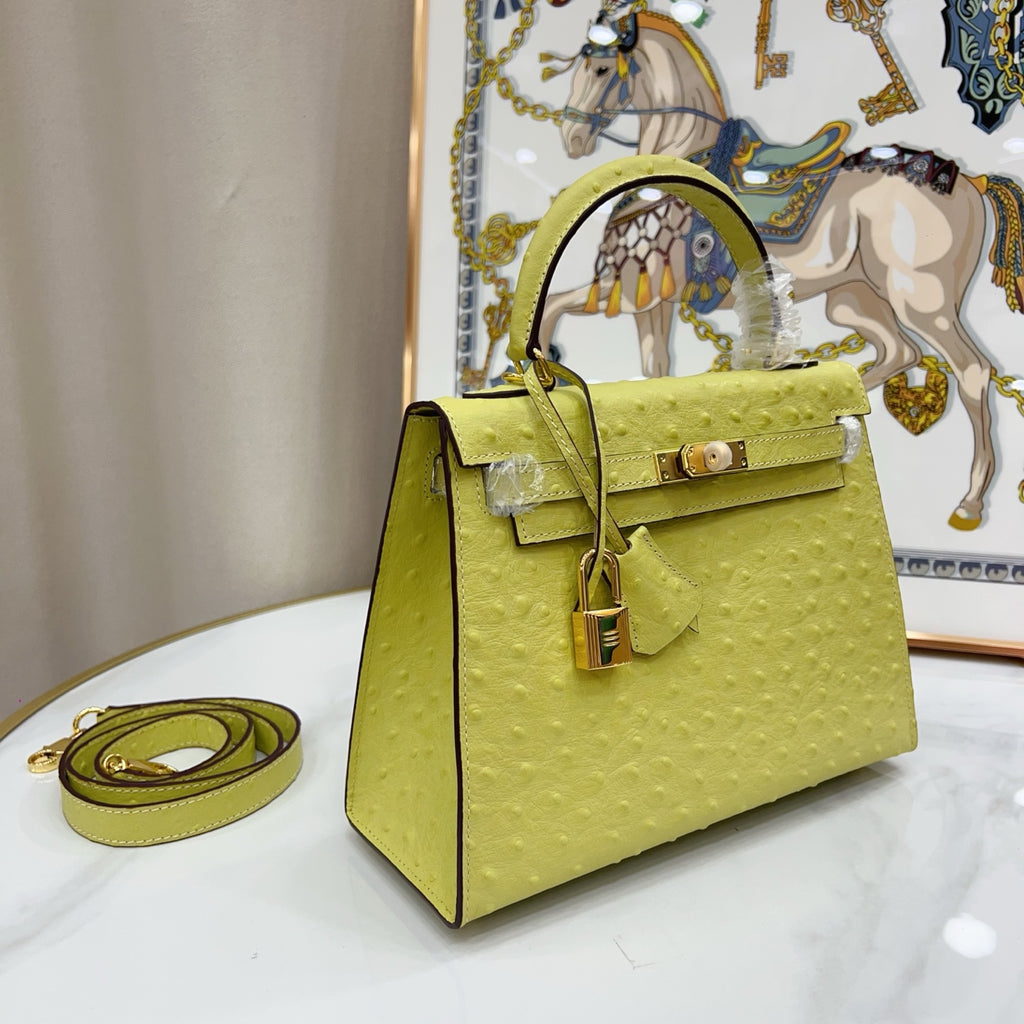 Kelly Sellier 25cm Jaune Poussin Ostrich Gold Hardware Designer Women Shoulder Handbag