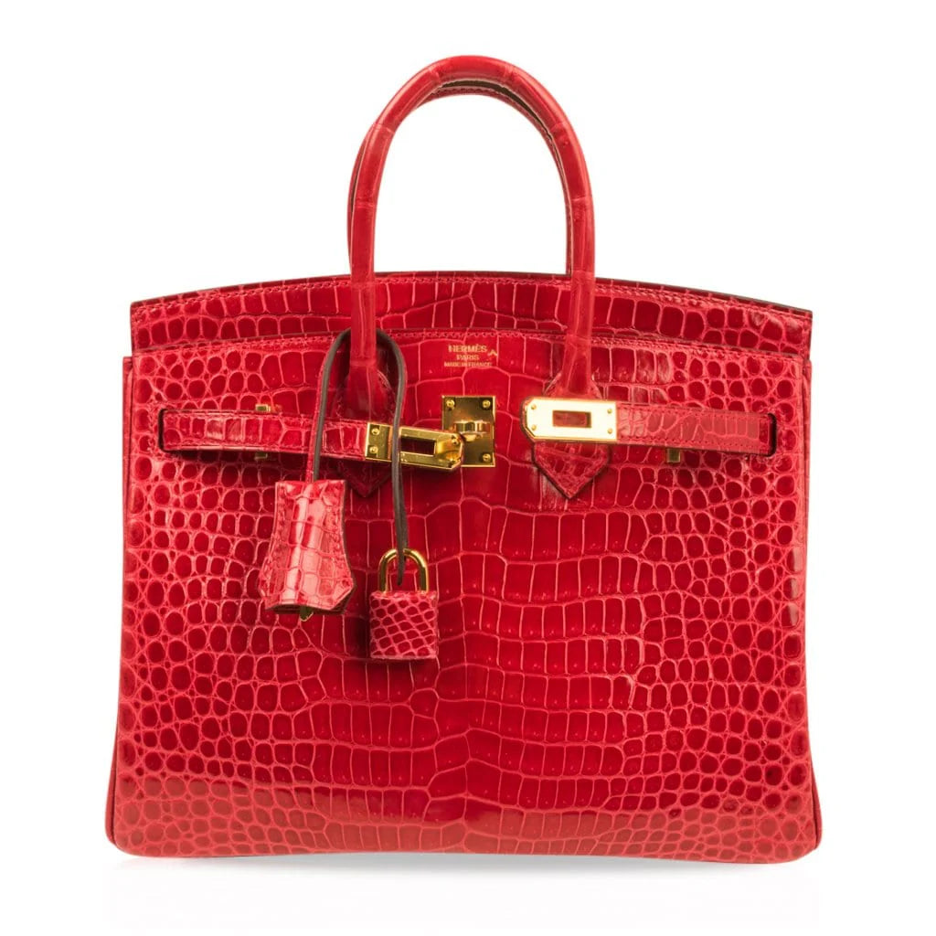 Birkin 25 Bag Red Braise Porosus Crocodile Gold Hardware Lipstick Red