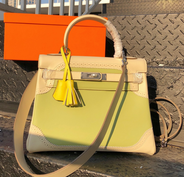 Kelly Sellier Ghillies 28cm Craie & Vert Pomme Barenia Leather Palladium Hardware Women Handbag