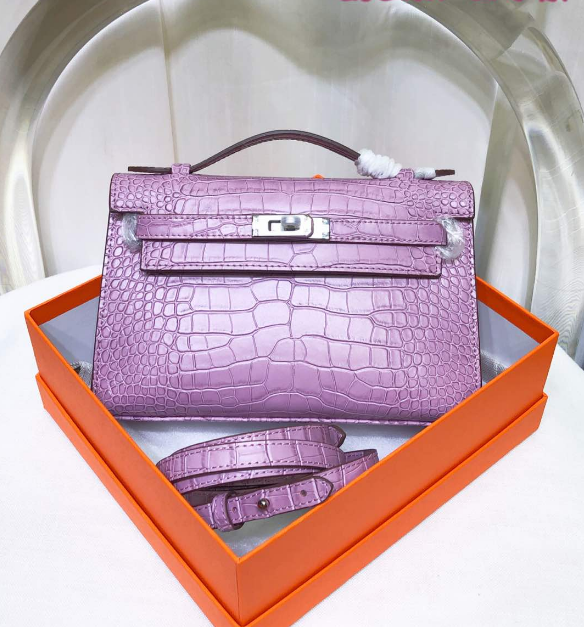 Kelly Pochette Lilac Shiny Niloticus Crocodile Leather Palladium Hardware Women Clutch Bag