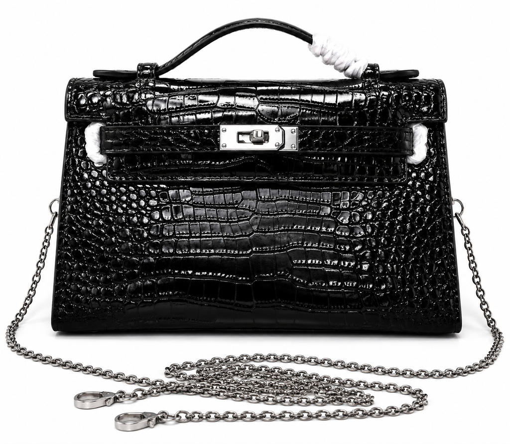 Kelly Pochette Noir Shiny Niloticus Crocodile Leather Palladium Hardware & Palladium Hardware Women Clutch Bag