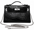 Kelly Pochette Noir Shiny Niloticus Crocodile Leather Palladium Hardware & Palladium Hardware Women Clutch Bag