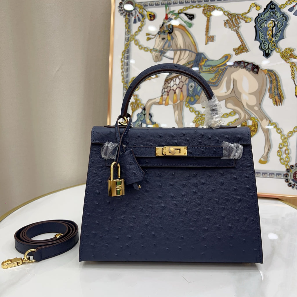 elly Sellier 25cm Bleu Nuit Ostrich Gold Hardware Luxury Commute Handbag