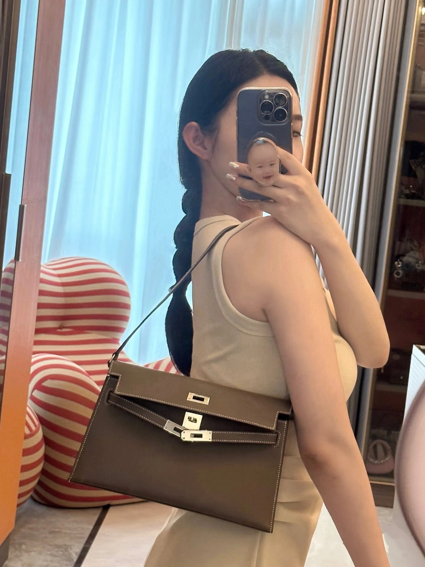 Kelly Elan 25 Underarm Baguette Bag, Genuine Top Layer Cowhide Goat Grain Leather, Silver Hardware Khaki Shoulder Handbag, Timeless Neutral Must-have Bag Elegant Versatile Daily Purse Size 25×6.5×15cm