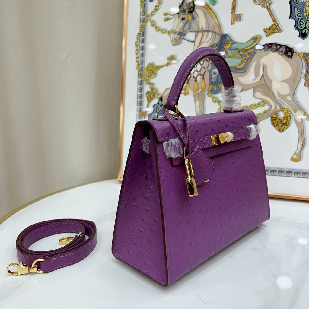 Kelly Sellier 25cm Violine Ostrich Gold Hardware Luxury Commute Handbag