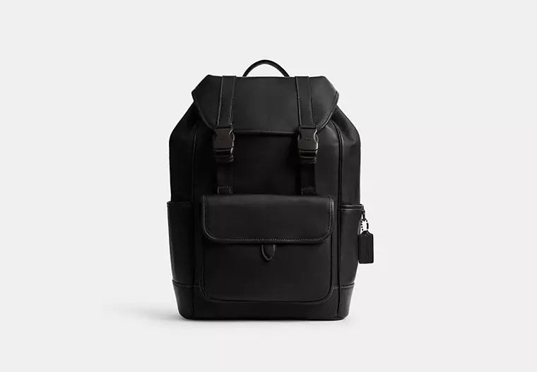 Flap-Top Black Leather & Nylon Backpack