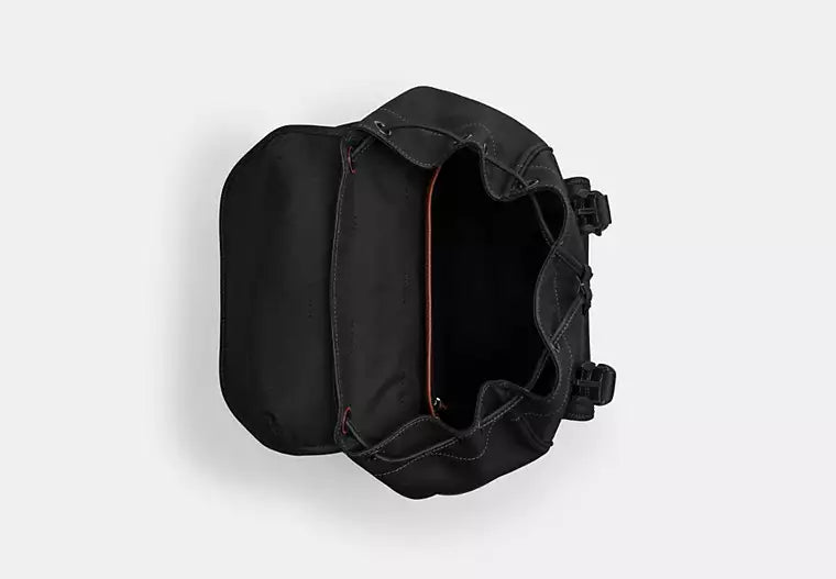 Flap-Top Black Leather & Nylon Backpack