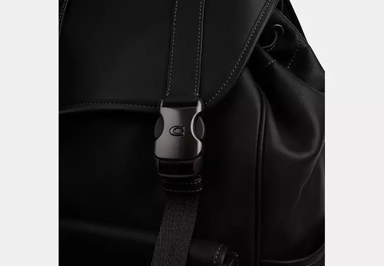 Flap-Top Black Leather & Nylon Backpack