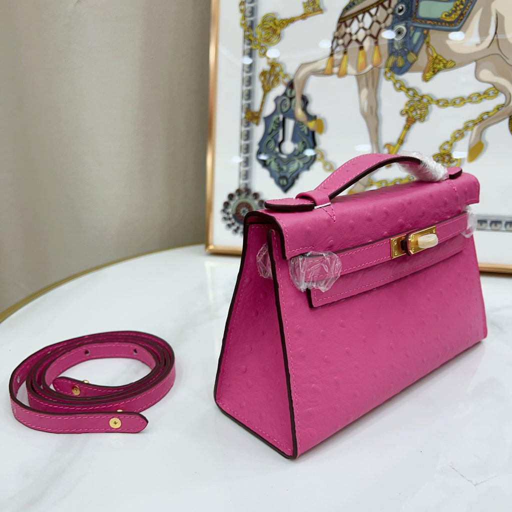Mini Kelly Sellier 22cm Rose Tyrien Ostrich Leather Gold Hardware Women Mini Handbag
