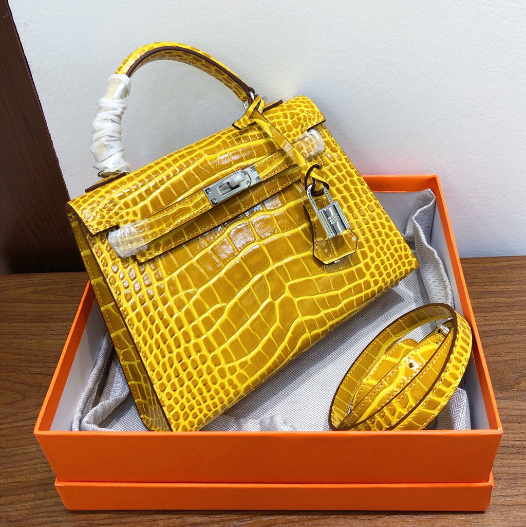 Kelly Sellier 22cm Jaune Ambre Shiny Crocodile Leather Gold Hardware & Palladium Hardware Women Handbag