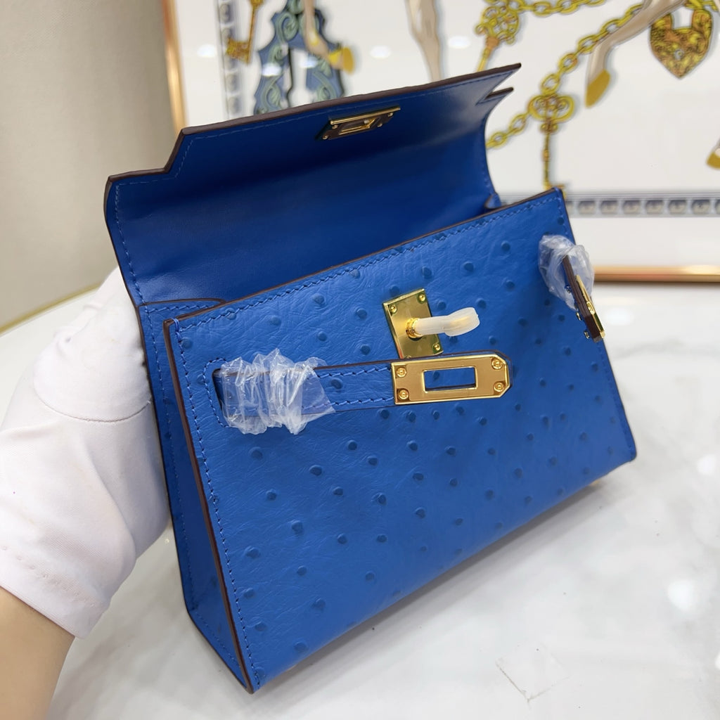 Mini Kelly II 19cm Sellier Bleu Electrique Ostrich Gold Hardware Luxury Crossbody Handbag