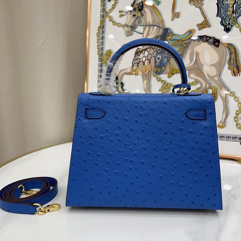 Kelly Sellier 25cm Bleu Electrique Ostrich Gold Hardware Premium Crossbody Purse