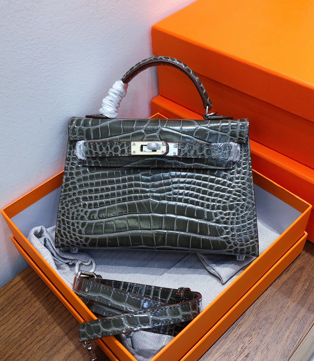 Kelly Sellier 19cm Gris Elephant Shiny Crocodile Leather Gold Hardware & Palladium Hardware Women Handbag
