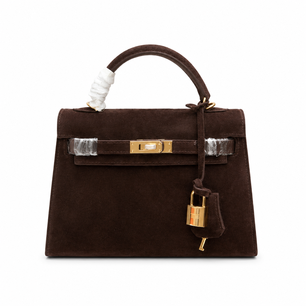 Mini Kelly Sellier 22cm Ebene Suede Leather Gold Hardware Women Mini Handbag
