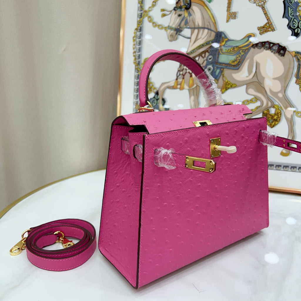 Kelly Sellier 25cm Rose Tyrien Ostrich Gold Hardware Designer Crossbody Tote
