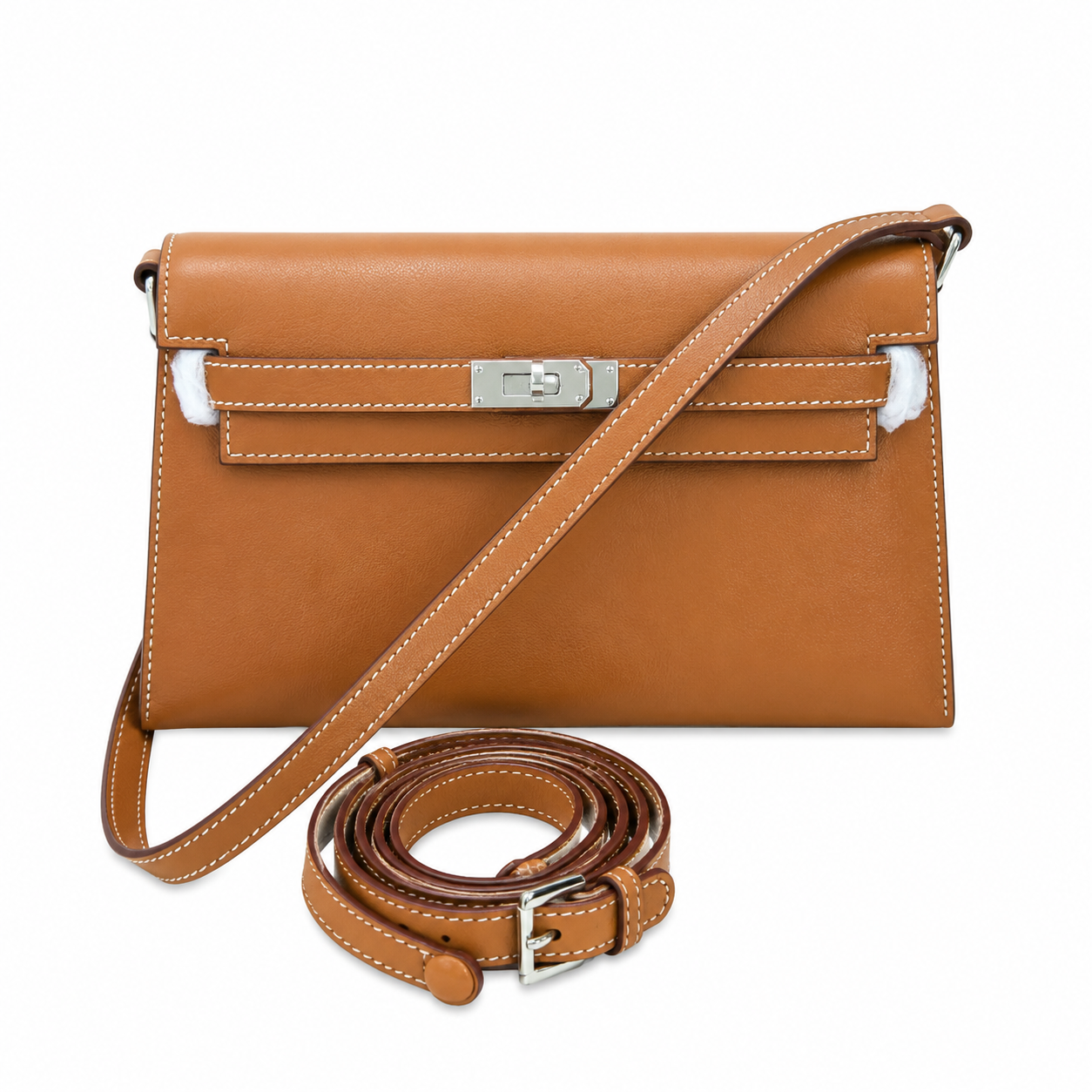 Kelly Elan 25 Underarm Baguette Bag, Genuine Top Layer Cowhide Goat Grain Leather, Silver Hardware Caramel Brown Shoulder Purse, Vintage Classic Fall Winter Must-Have Handbag Size 25×6.5×15cm