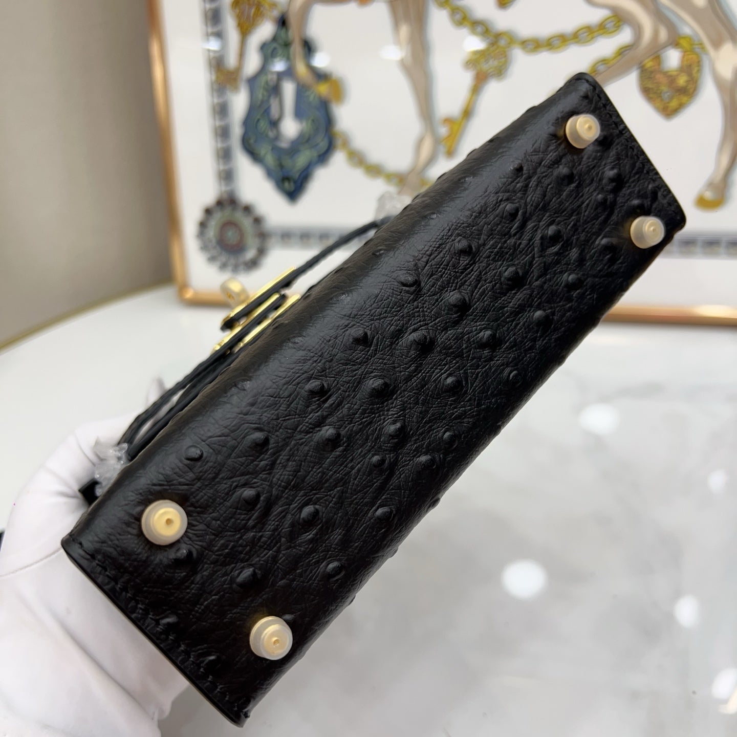 Mini Kelly Sellier 19cm Noir Ostrich Leather Gold Hardware Women Mini Handbag