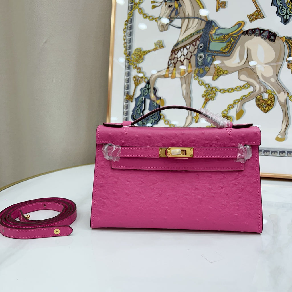 Mini Kelly Sellier 22cm Rose Tyrien Ostrich Leather Gold Hardware Women Mini Handbag