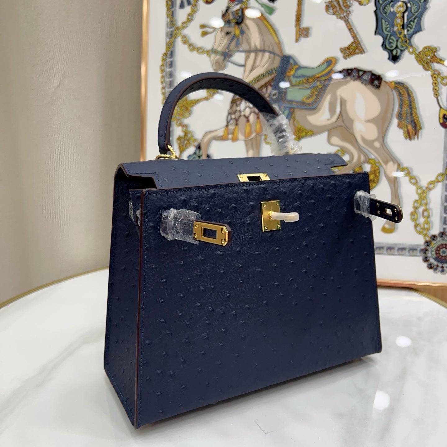 elly Sellier 25cm Bleu Nuit Ostrich Gold Hardware Luxury Commute Handbag