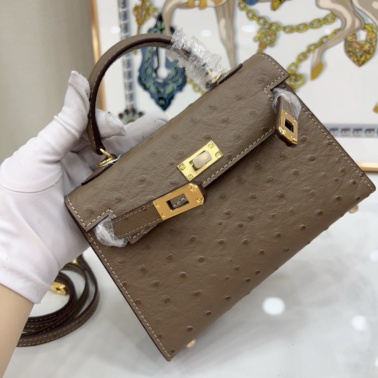 Mini Kelly II 19cm Sellier Etoupe Ostrich Gold Hardware Designer Mini Shoulder Purse