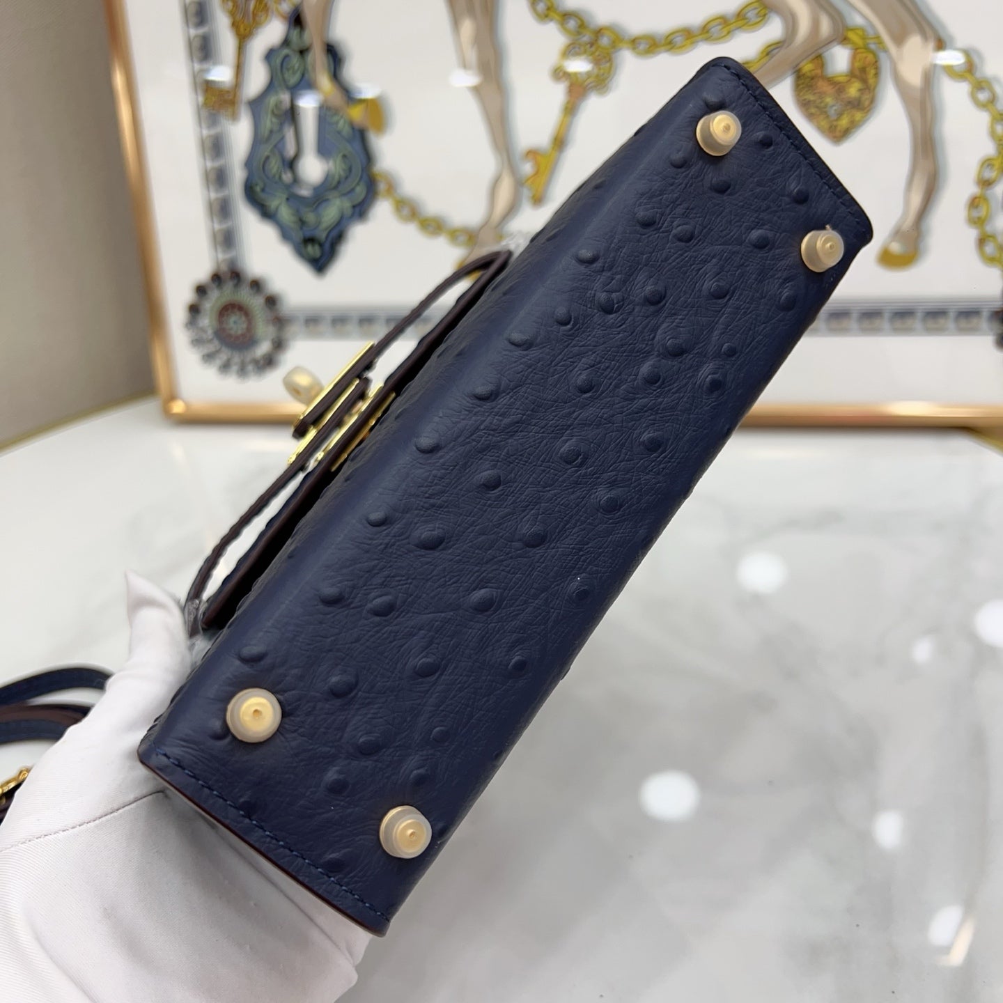 Mini Kelly Sellier 19cm Bleu Nuit Ostrich Leather Gold Hardware Women Mini Handbag
