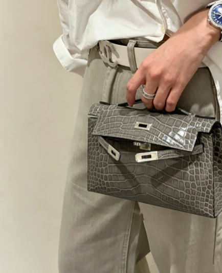 Kelly Pochette Gris Elephant Shiny Niloticus Crocodile Leather Palladium Hardware & Palladium Hardware Women Clutch Bag