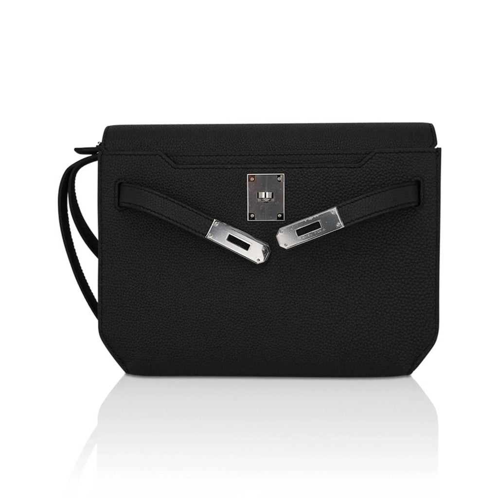 Kelly Depeches 25 Pouch Bag Black Galop D’Leather with Palladium Hardware