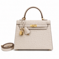 Kelly Sellier 25cm Craie Ostrich Gold Hardware Premium Women Shoulder Purse