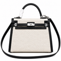 Top Selling Kelly 25 Bag With Outside Stitching, Made Of Textured Canvas & Soft Swift Leather Patchwork, Classic Black Silver Hardware Combination, Stunning Mixed Material Texture Dimensions: Length 25 * Width 10 * Height 18cm