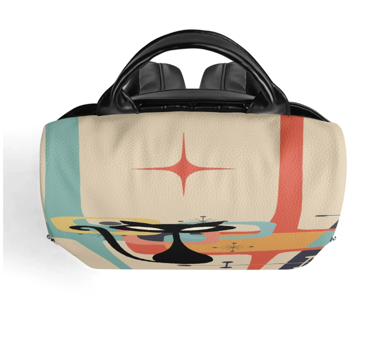 Retro Atomic Cat Print PU Leather Backpack