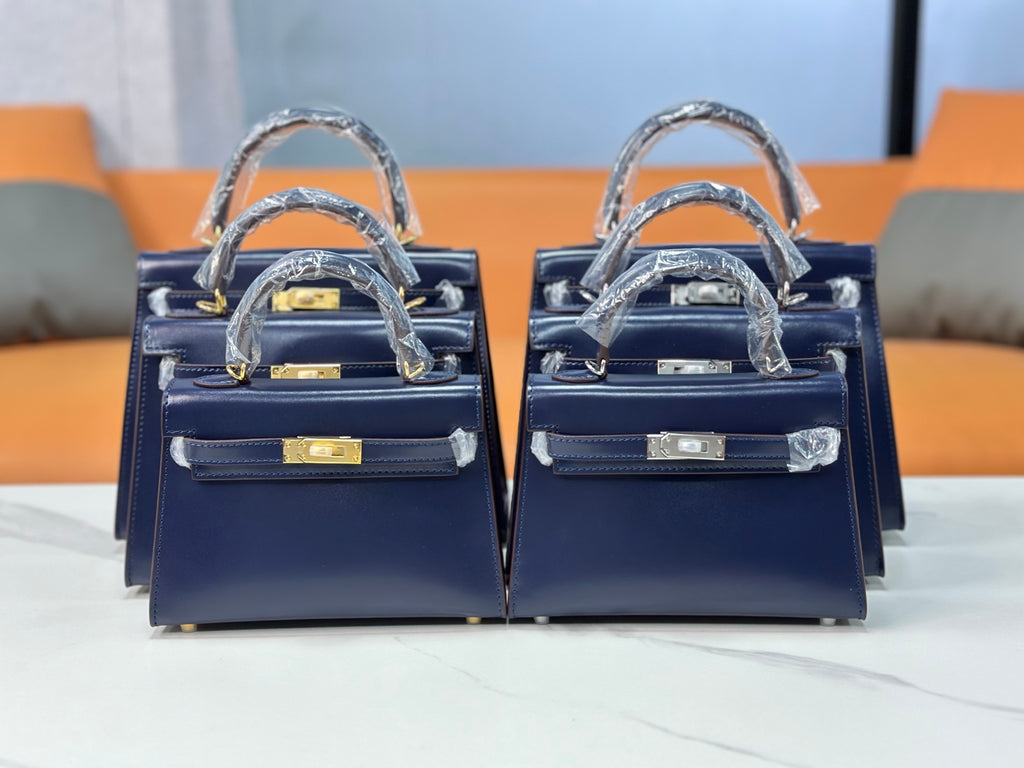 Kelly Sellier 19cm & 22cm & 25cm Bleu Nuit Box Calf Leather Gold Hardware & Palladium Hardware Women Handbag