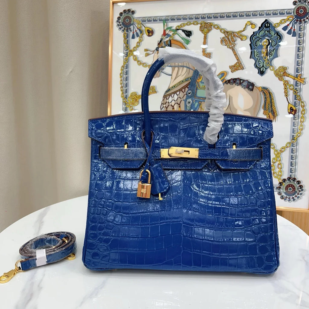 Birkin Blue Croc Embossement Leather Handbags Metal Lock Satchel Bag