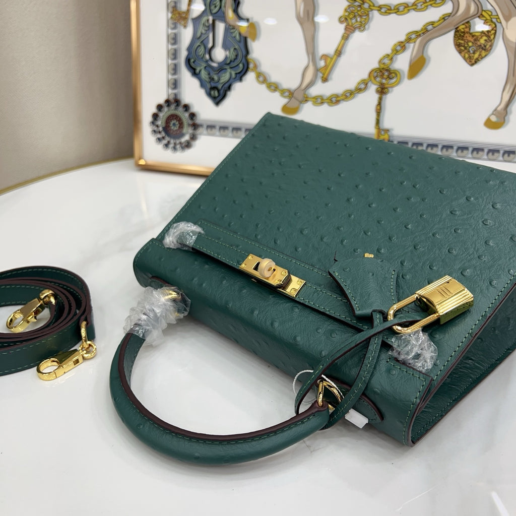 Kelly Sellier 25cm Vert Cypress Ostrich Gold Hardware Vintage Women Handbag