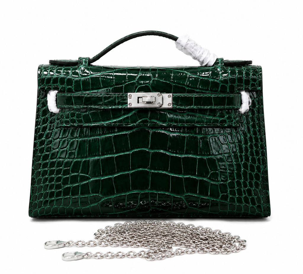 Kelly Pochette Vert Emeraude Shiny Niloticus Crocodile Leather Palladium Hardware Women Clutch Bag