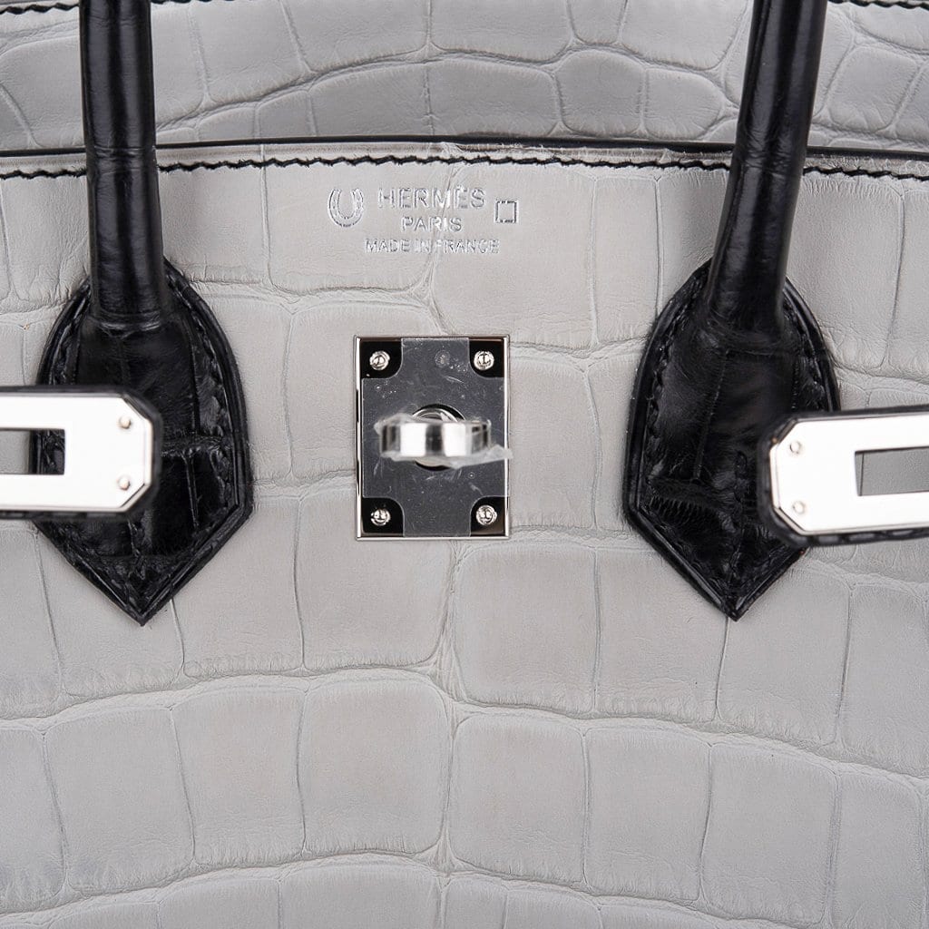 Birkin 25 HSS Bag Gris Perle / Black Matte Alligator Palladium Hardware