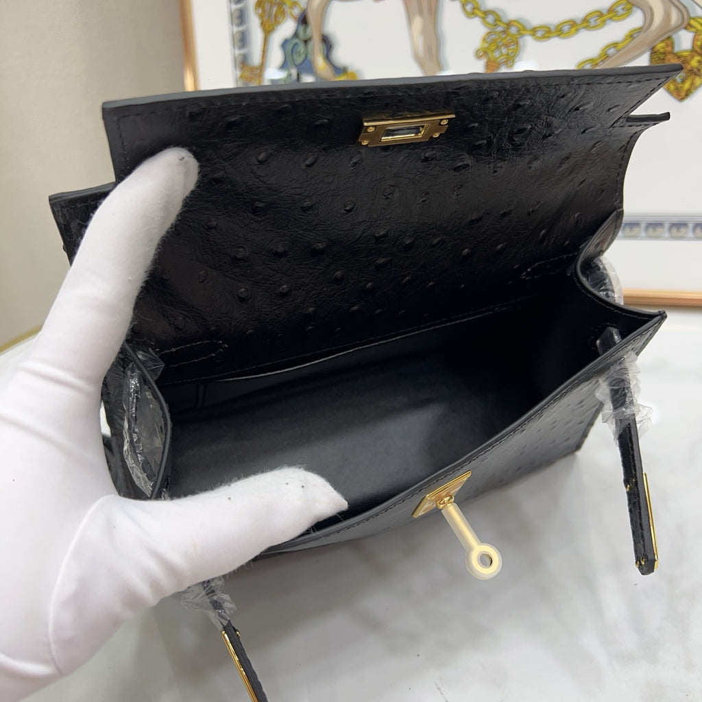Mini Kelly Sellier 22cm Noir Ostrich Leather Gold Hardware Women Mini Handbag