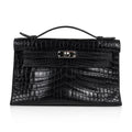 Kelly Pochette Bag Matte Black Crocodile Clutch Palladium