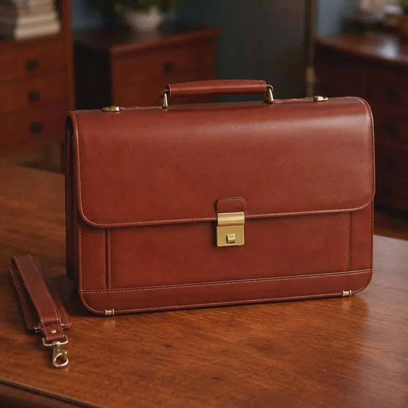 Vintage-Inspired Leather Briefcase with Detachable Shoulder Strap & Secure Lock