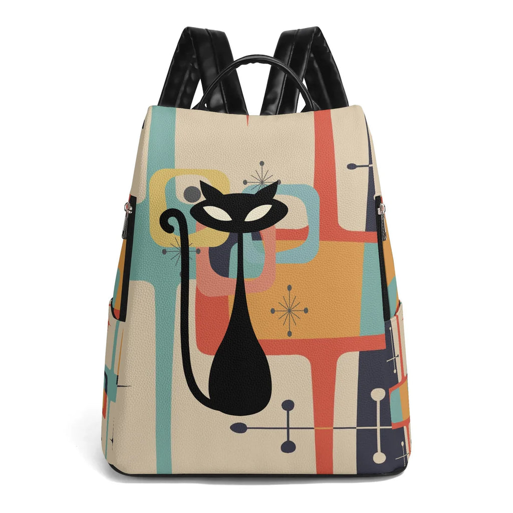 Retro Atomic Cat Print PU Leather Backpack